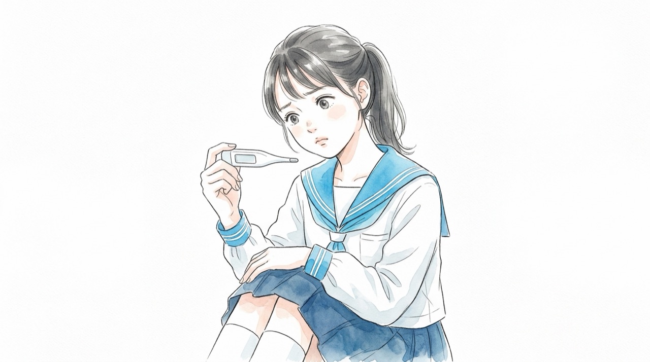 体温計の表示を見て首をかしげる高校生