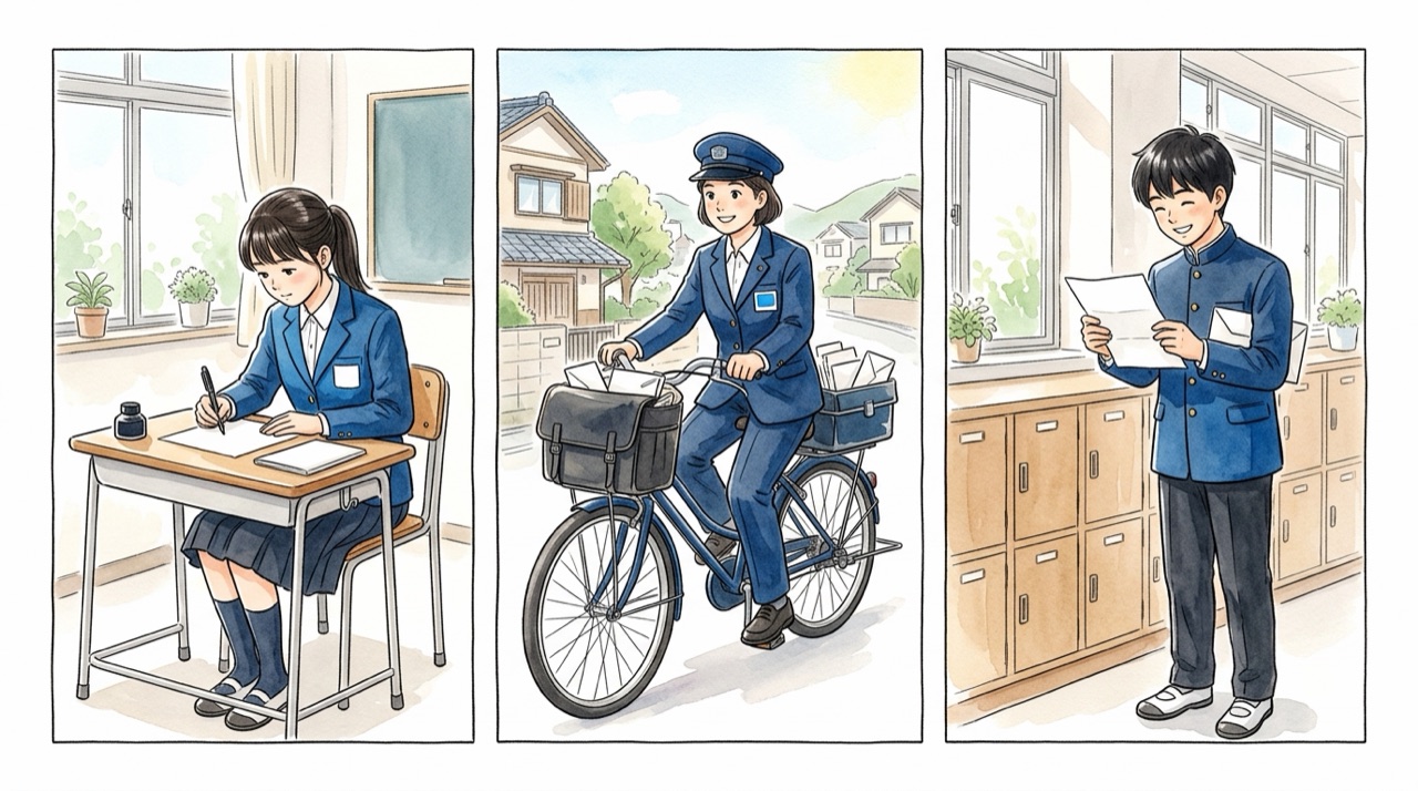 手紙を書く人、自転車で運ぶ配達員、手紙を読む人