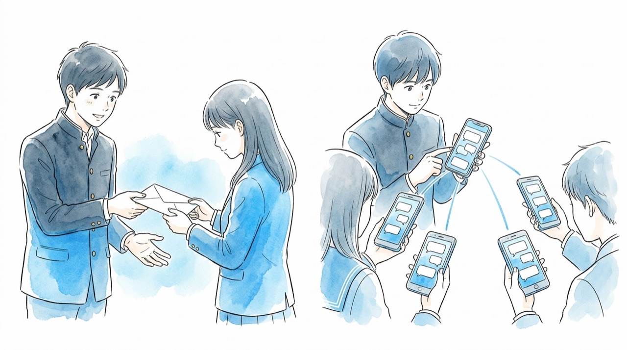 左は手紙を手渡すと手元からなくなる、右はスマホのメッセージが複製されて広がる