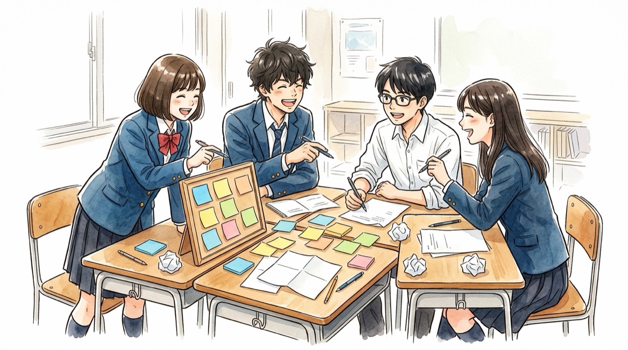 付箋をたくさん貼りながら盛り上がる高校生4人