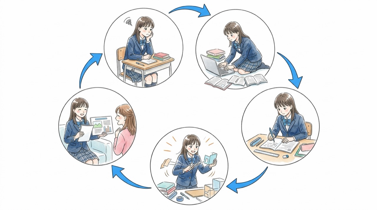 困る、調べる、計画を書く、実行する、振り返るの5コマが環になっている