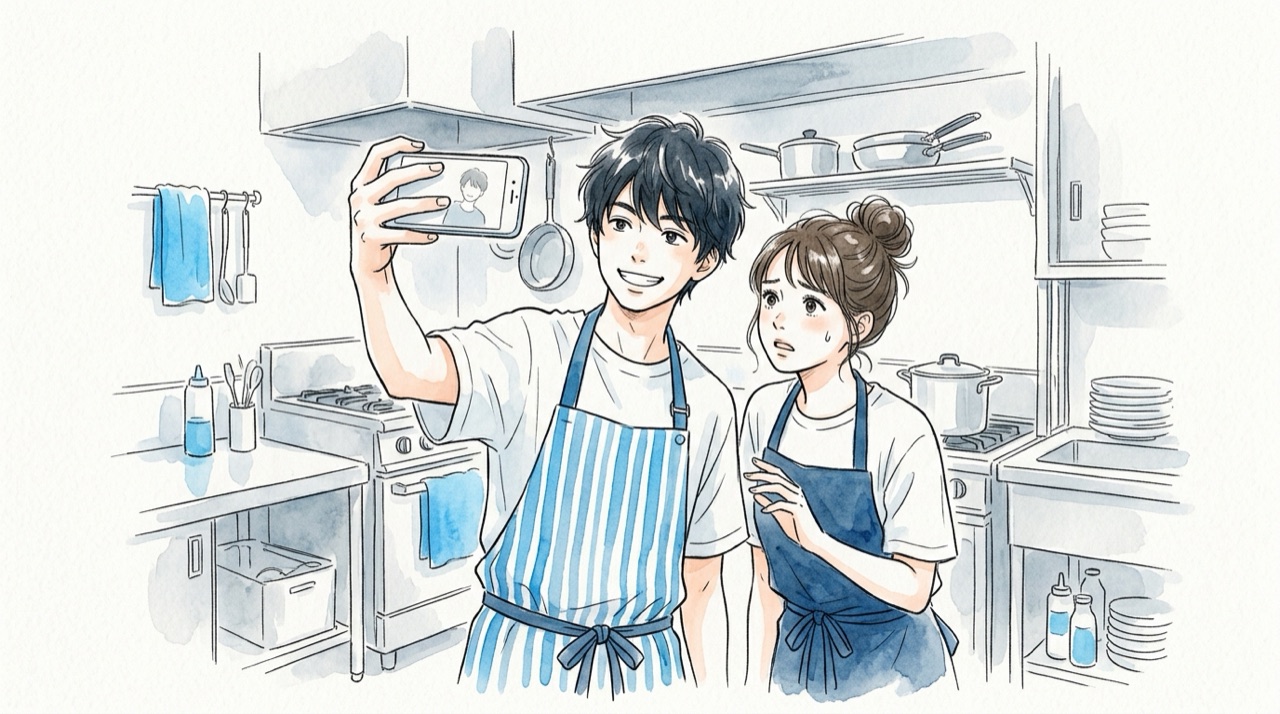 スマホで撮った写真を投稿しようとしている高校生と、その画面を心配そうに見る友人