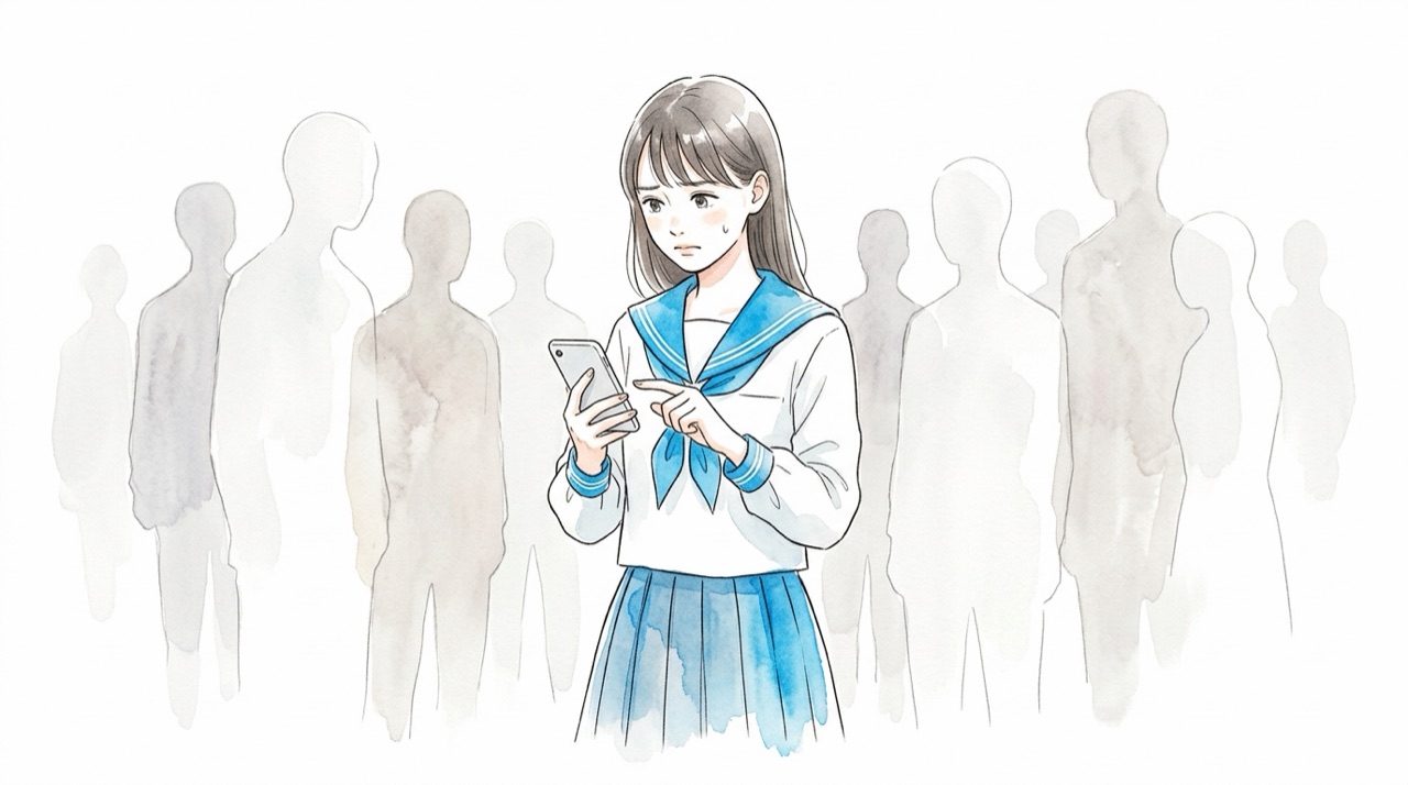 スマホを持って迷っている高校生と、その向こうに見えない相手の影