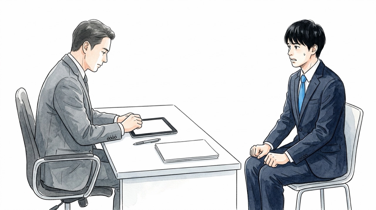 面接の場で、面接官が机の上のタブレットを見ており、就活生が緊張している
