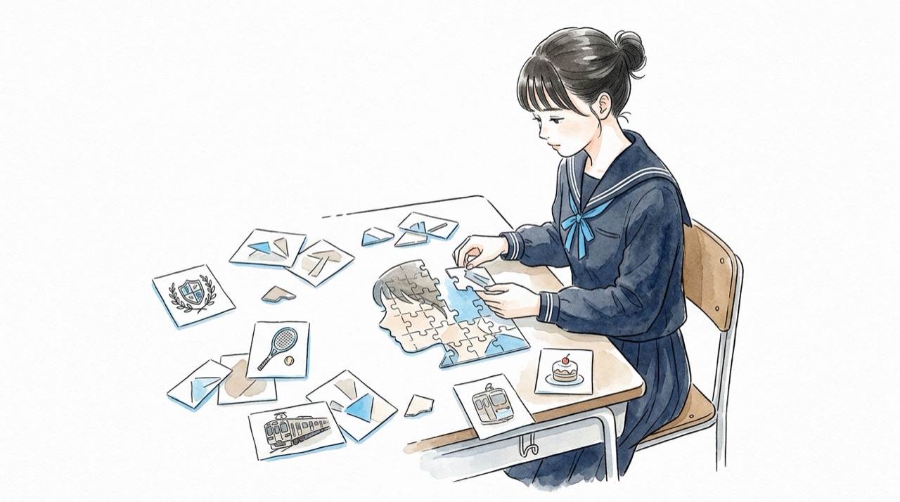 机の上に散らばったカードのピースを高校生が組み合わせて一人の顔の形にしている