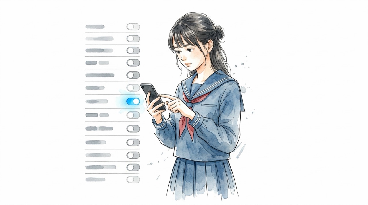 スマホの設定画面を真剣に見ながらスイッチを切り替えている高校生