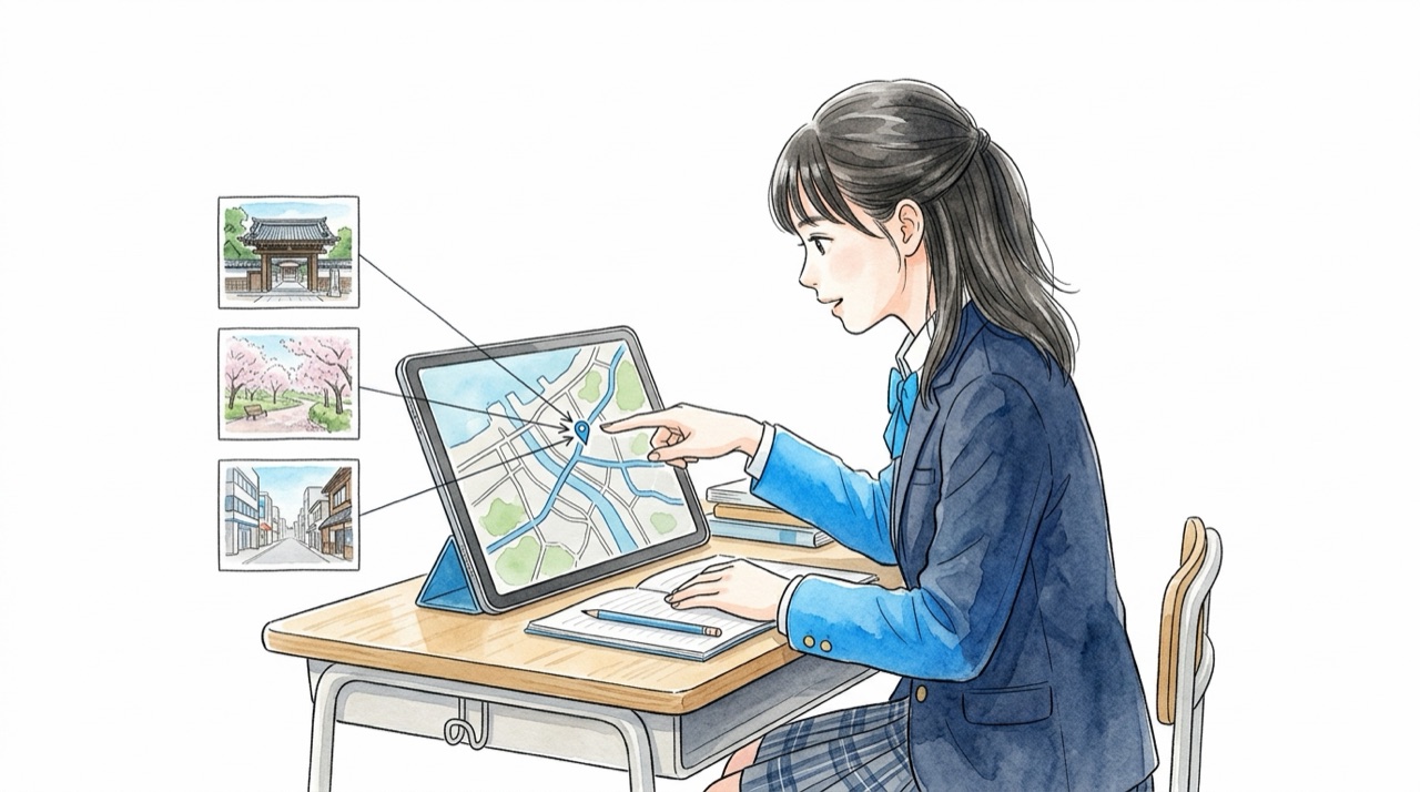 高校生がタブレットの上で3枚の写真を線でつないで、地図の一点を指している