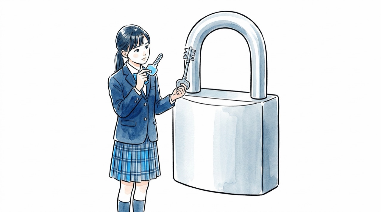 大きな南京錠に向かって、高校生が長い鍵と短い鍵を見比べている