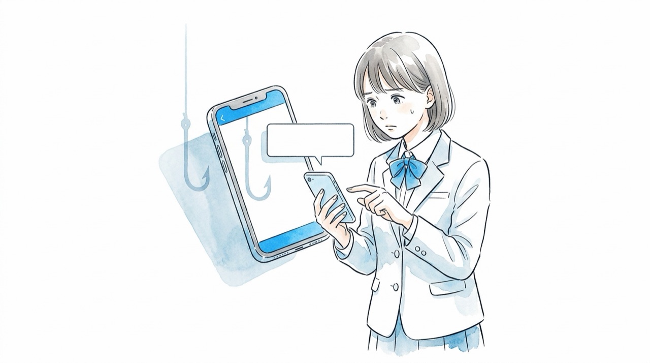 スマホに届いた通知を見て、押すかどうか迷っている高校生。画面の向こうに釣り針の影