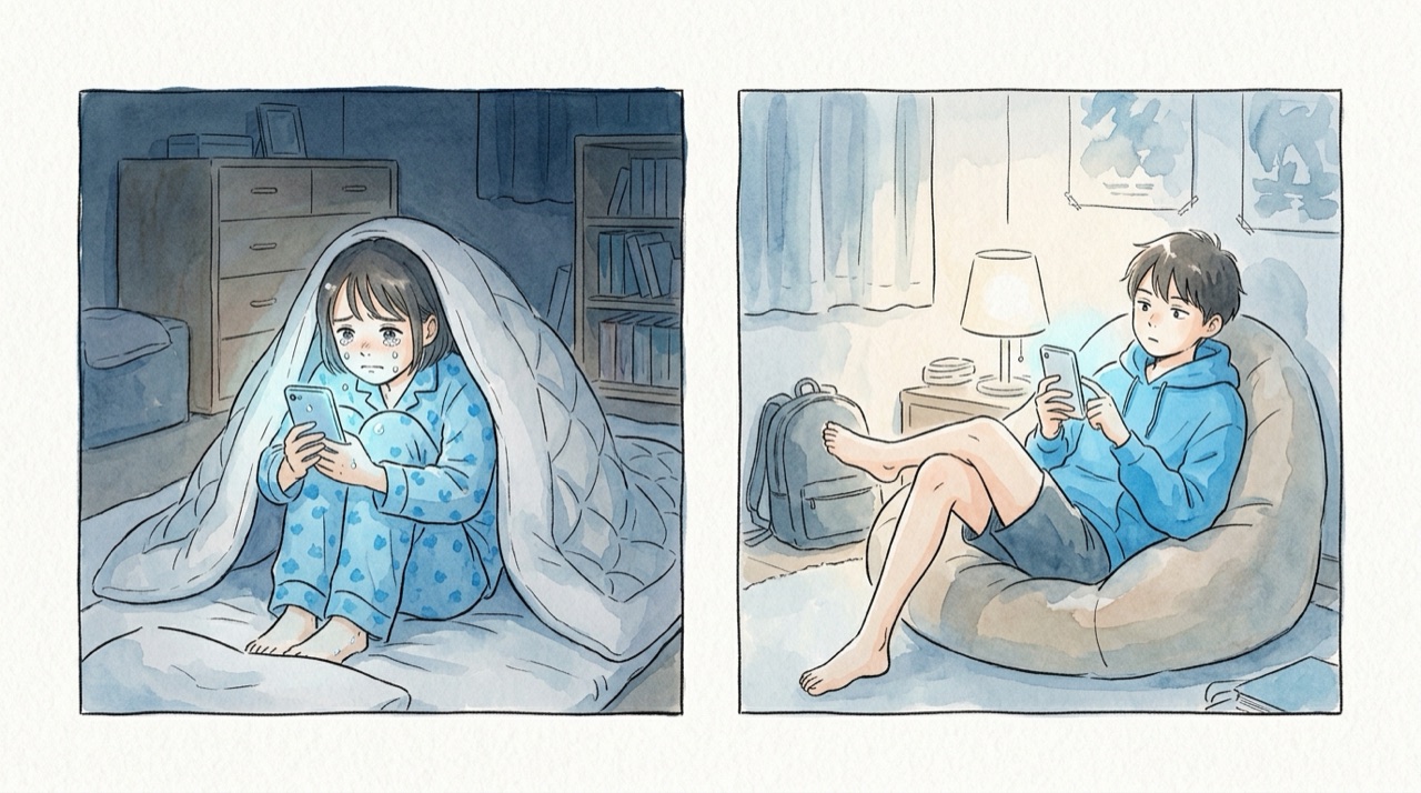 夜、布団の中でスマホの画面を見て泣きそうな高校生と、同じ時刻に別の部屋で何気なく送っている高校生の2コマ