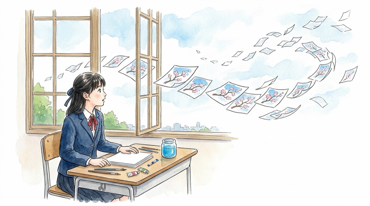 机で絵を描き上げた高校生と、その絵がコピーされて何枚も舞い散っていく様子