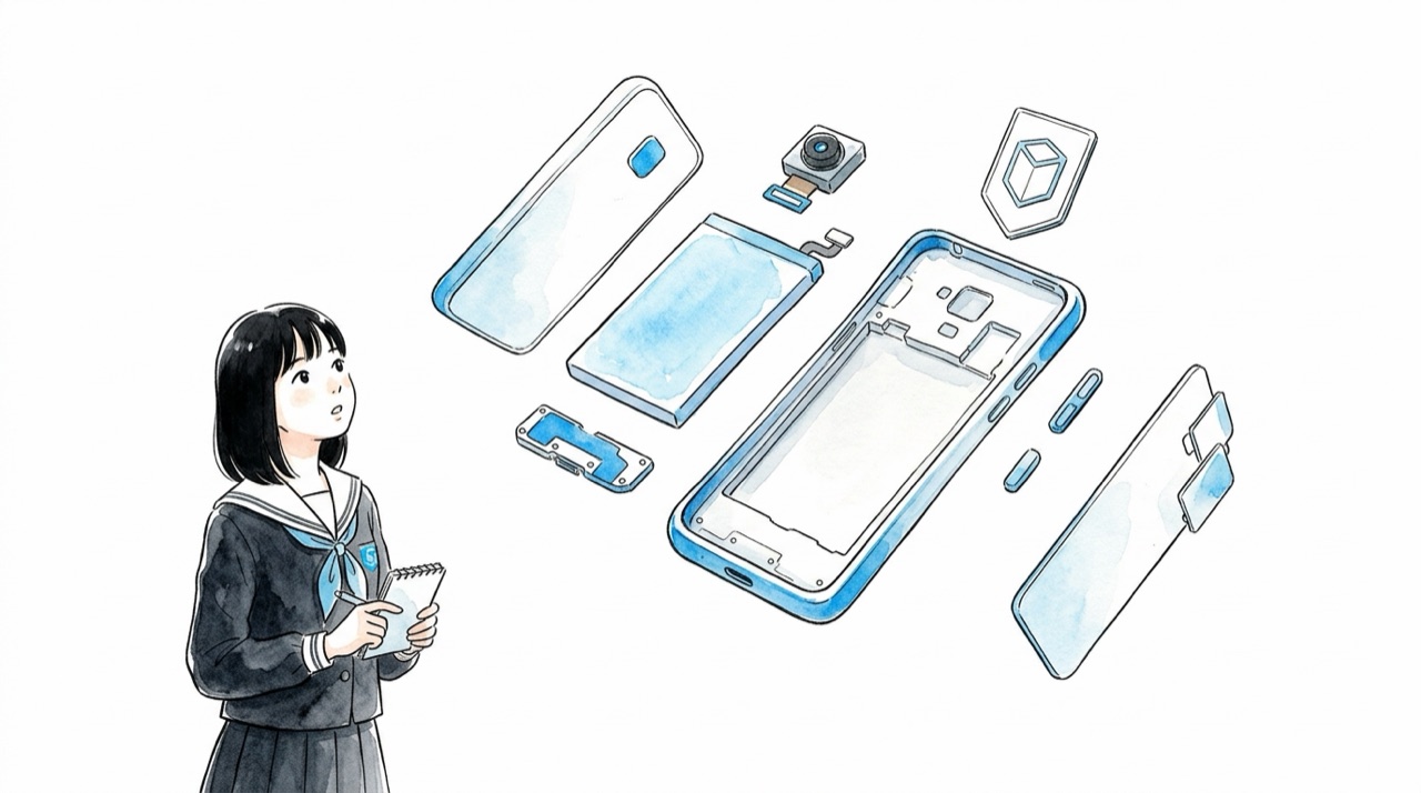 分解されたスマホの部品が空中に並び、それぞれに小さな印が付いている。高校生が見上げている