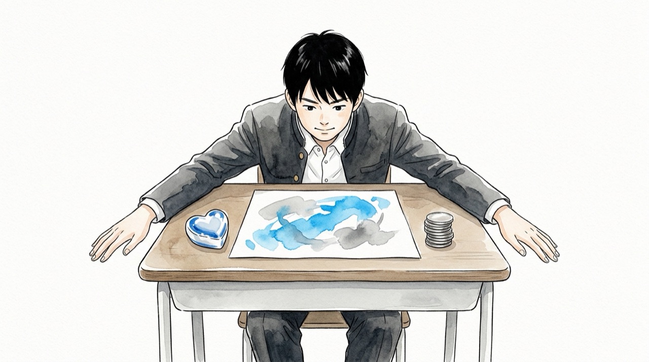 一枚の絵の左に心臓の形、右に硬貨の形が置かれ、高校生が両方を手で押さえている