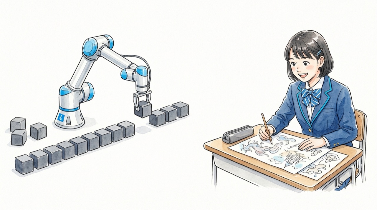 ロボットの腕が単純作業をしている横で、高校生が紙に新しいアイデアを描いている