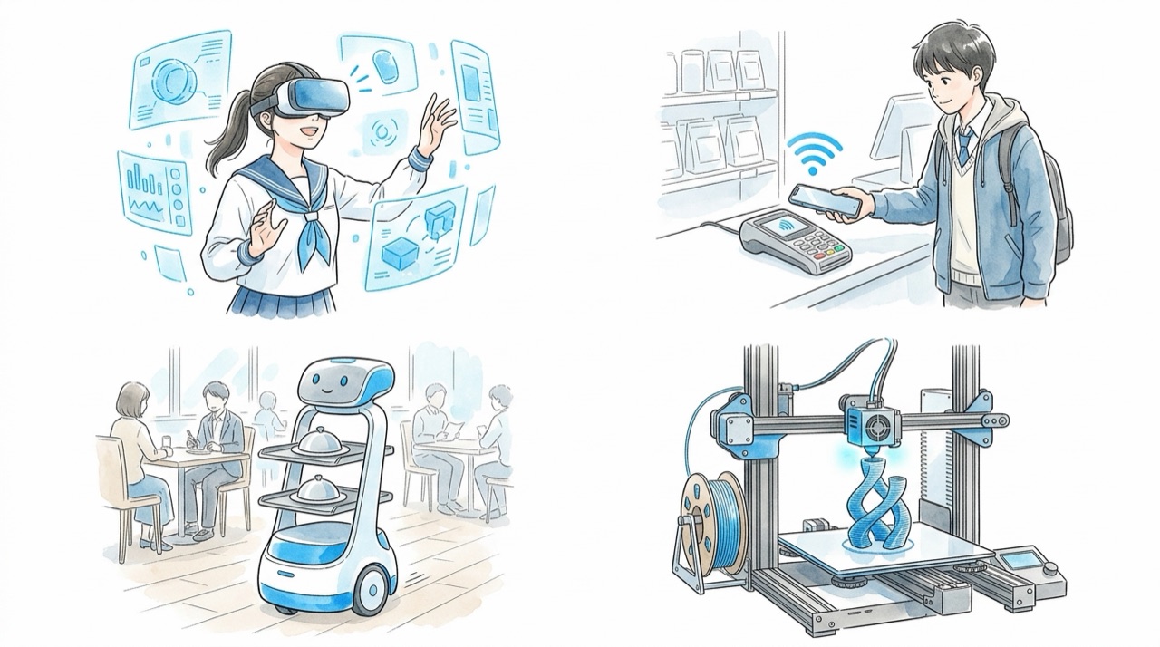 VRゴーグルをつけた高校生、スマホをかざしてレジを通る高校生、配膳ロボット、3Dプリンタの4つが並ぶ