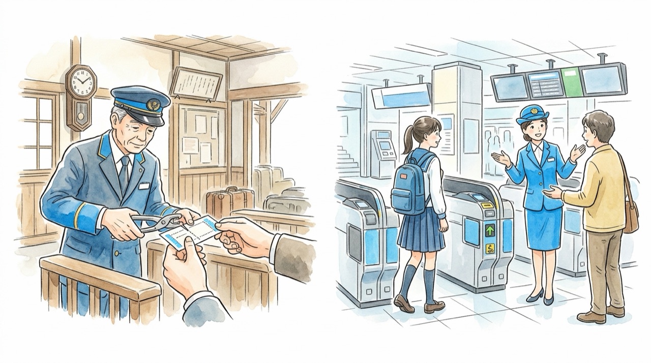 左は改札で切符を切る駅員、右は自動改札を通る高校生と、案内をしている駅員の2コマ