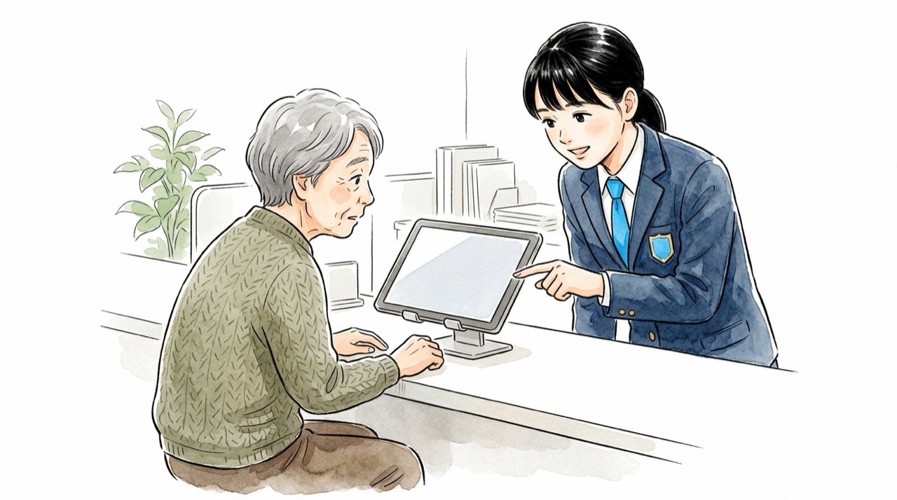 役所の窓口で、高齢の人がタブレットの前で戸惑い、高校生が横から画面を指して手伝っている