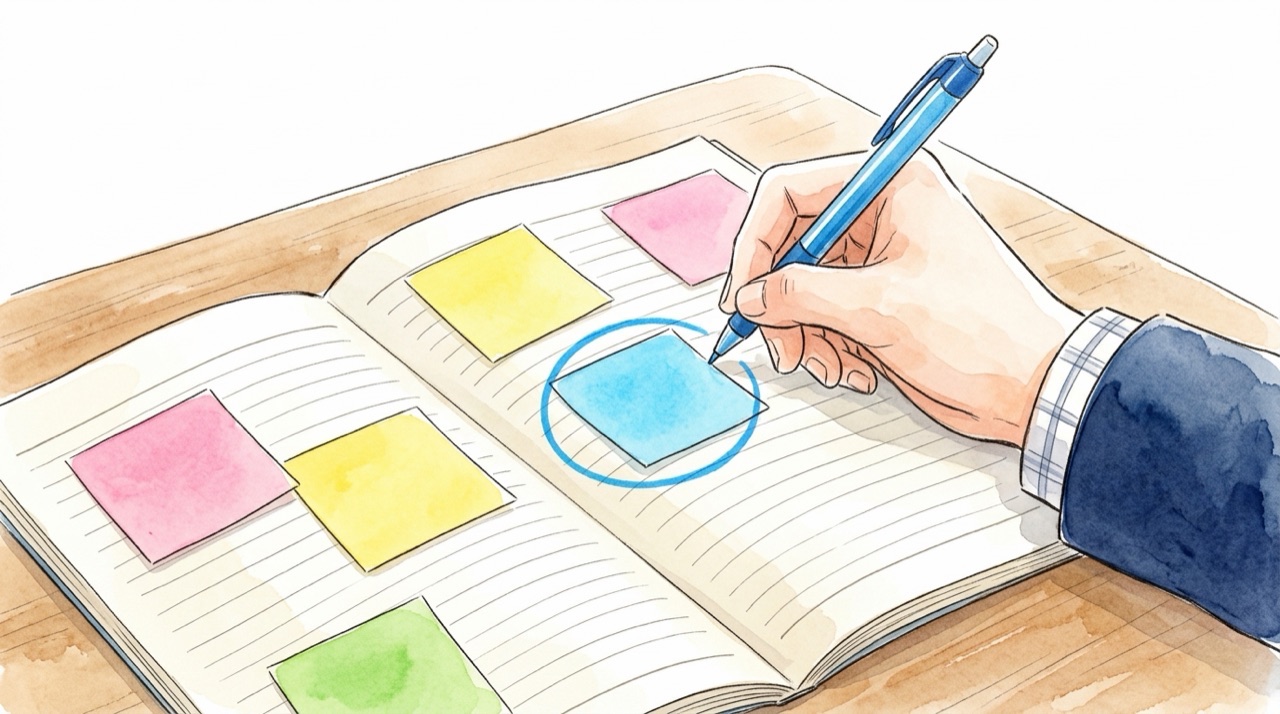ノートの見開きに左右2つの枠を描き、高校生が左に理想、右に現実を書き込んでいる