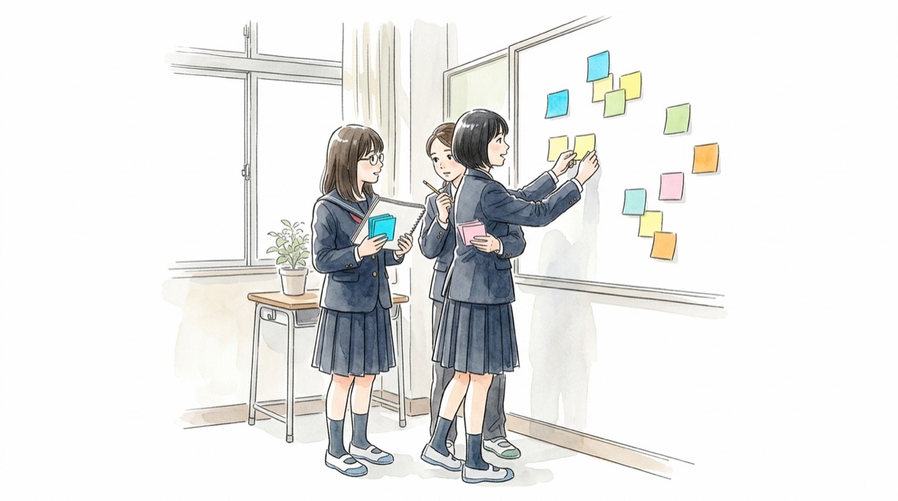 教室の窓際で、高校生数人が付箋を壁に貼りながら、身のまわりの困りごとを出し合っている