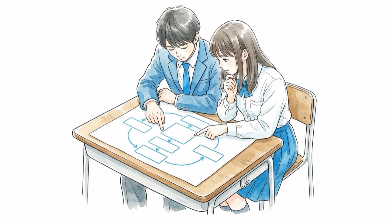 高校生2人がタブレットの表とアンケート用紙を前に、誰に何を聞くか相談している