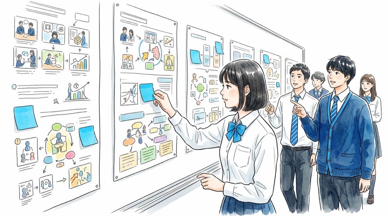 壁に並んだカードを高校生たちが見て回り、それぞれのカードに小さな印を付けている