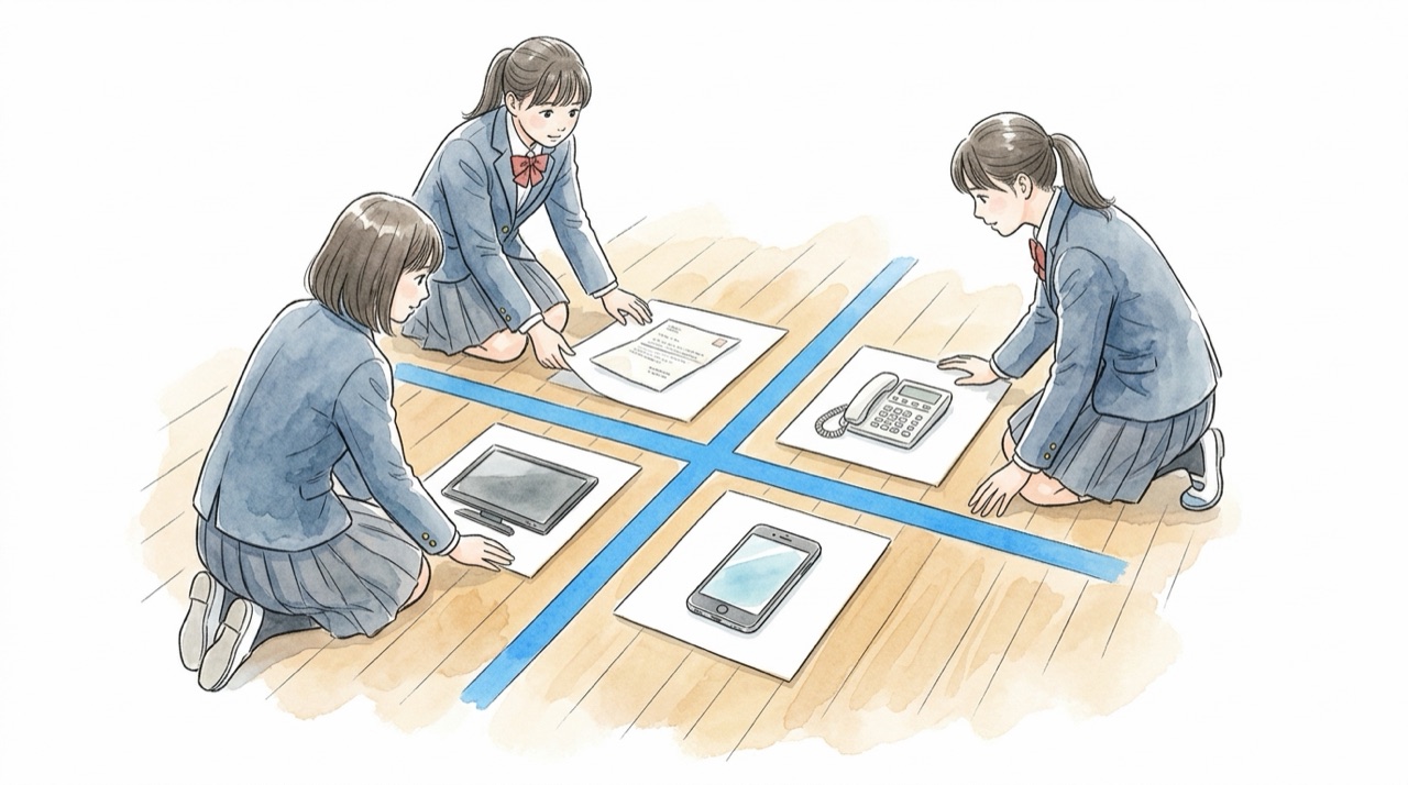 床に十字のテープで4つの区画が作られ、高校生たちが手紙・電話・テレビ・スマホの絵カードをそれぞれの区画に置いている