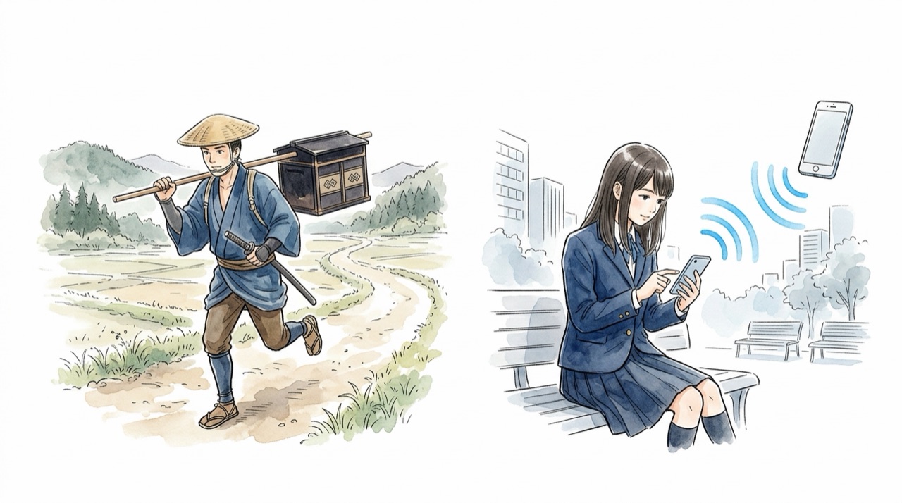左に手紙を運ぶ昔の飛脚、右にスマホで一瞬で連絡する今の高校生を並べた絵