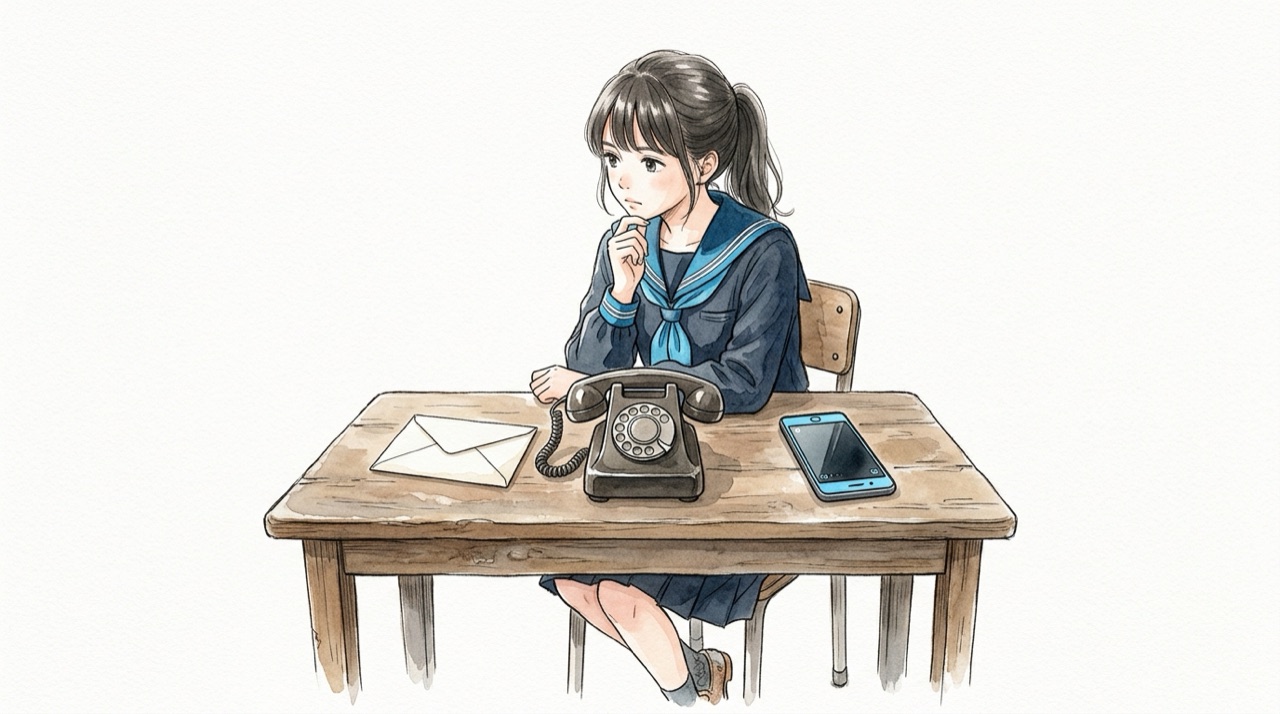 机の上に手紙と黒電話とスマホを並べて、どれで伝えるかを考えている高校生