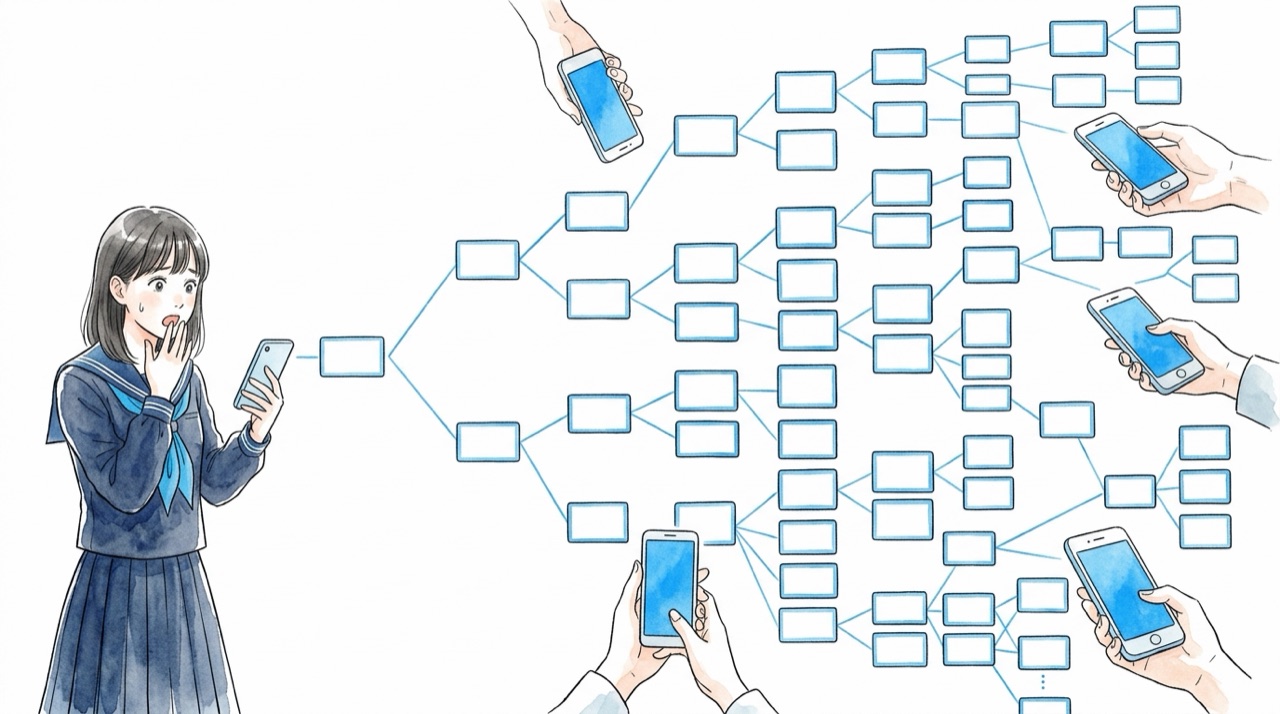 一つの投稿が次々に転送されて、たくさんに増えて広がっていく様子