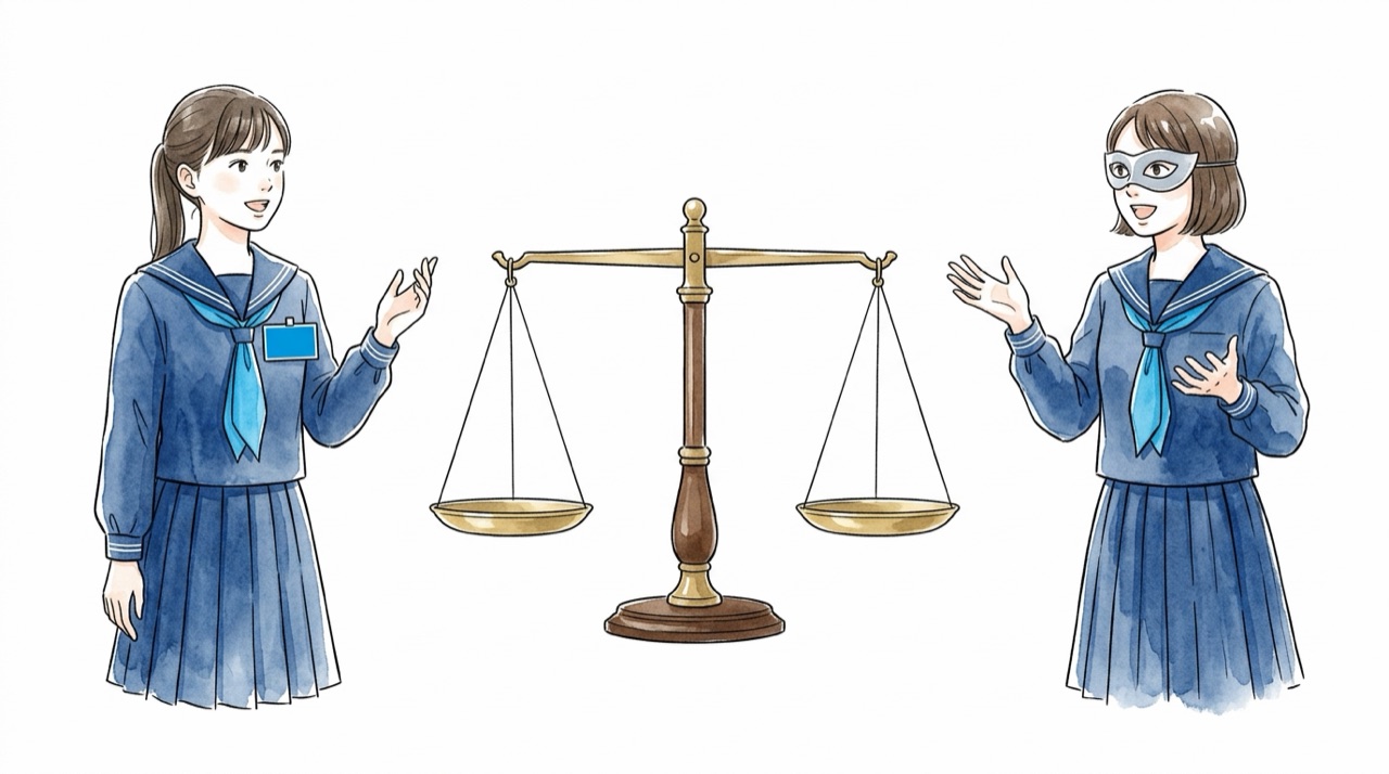 左は名札をつけて堂々と話す高校生、右は仮面をつけて自由に話す高校生。二人の間に天秤