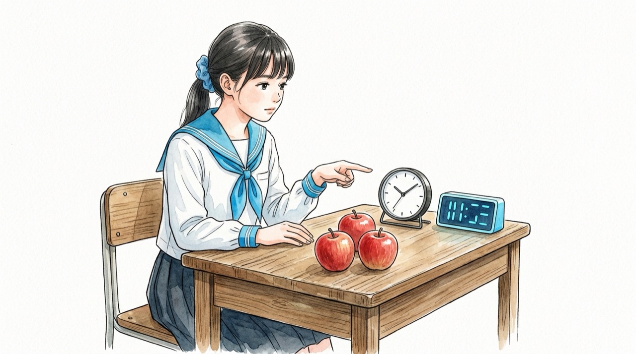 机の上にりんごが3個と、針の時計と数字の時計が並び、高校生が指で数えている