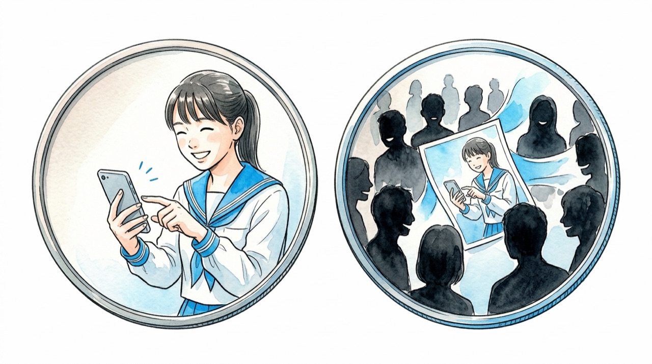 大きなコインの表と裏。表には楽々と写真を送る高校生、裏には同じ写真が知らない人たちに広がっている様子