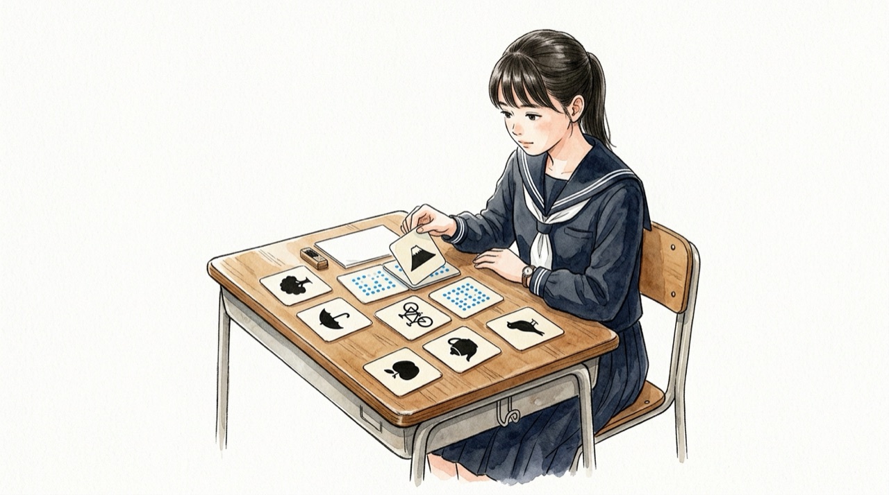 文字のカードの裏に番号が書かれていて、高校生がカードをめくって番号を確かめている
