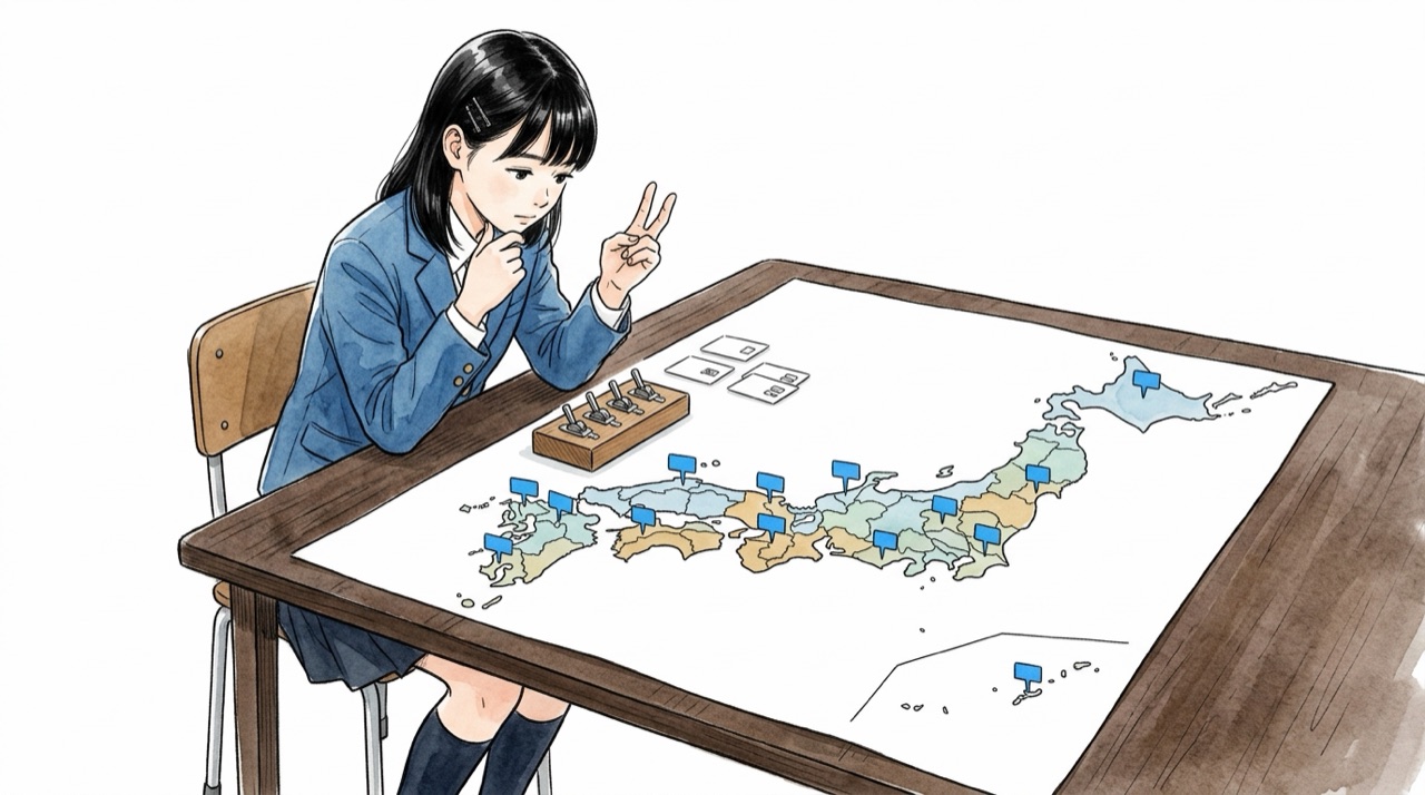 日本地図の都道府県それぞれに小さな番号札が付いていて、高校生が何個のスイッチで足りるか指で数えている
