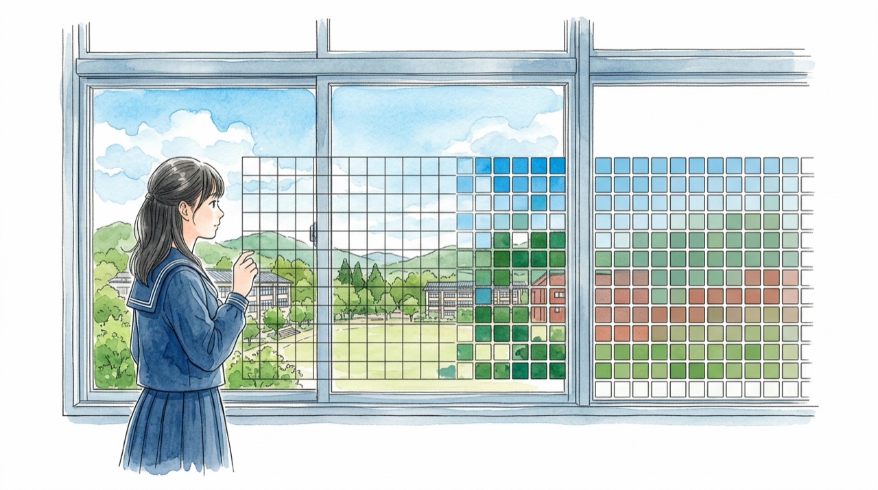 窓ガラスに貼られた透明なマス目を通して外の風景を見ていて、マスごとに一色に塗り分けられていく様子