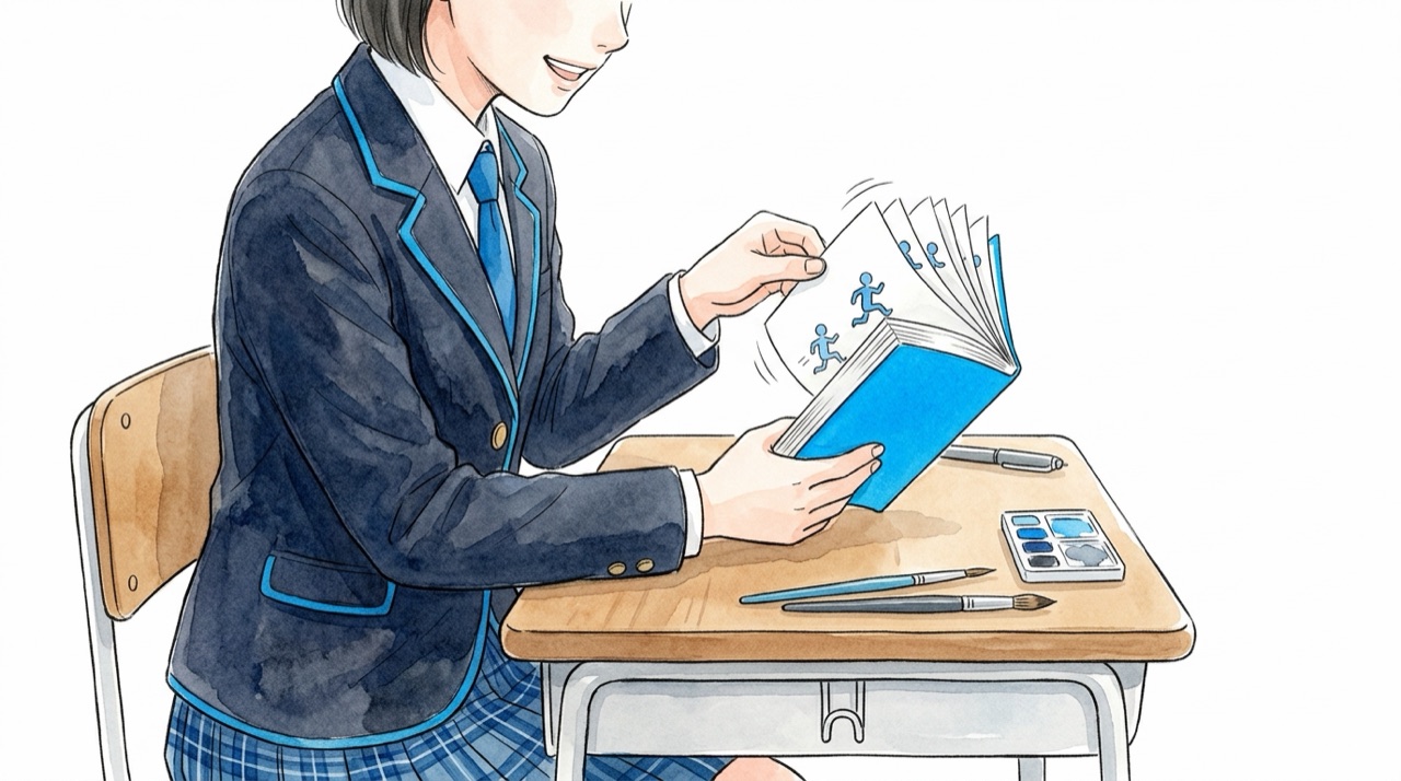 ノートの端に描いたパラパラ漫画を高校生が親指でめくっていて、ページの絵が少しずつ動いている