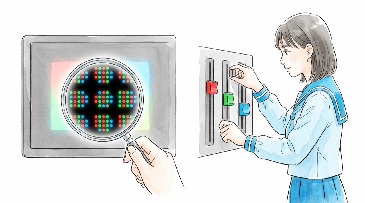虫めがねで画面を見ると赤・緑・青の小さな光の点が並んでいて、高校生が3本のつまみを動かしている
