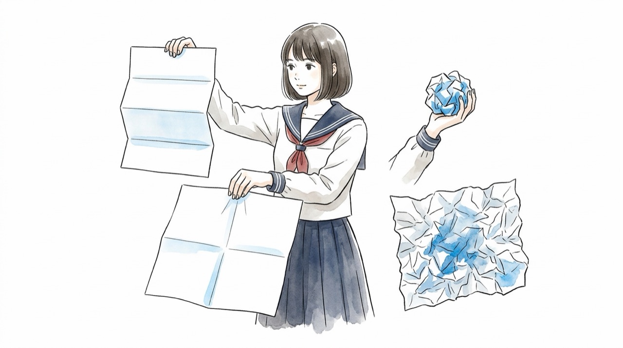 左は折りたたんで元通りに広げられる紙、右は握って小さく丸められたが完全には戻らない紙。高校生が両方を持っている