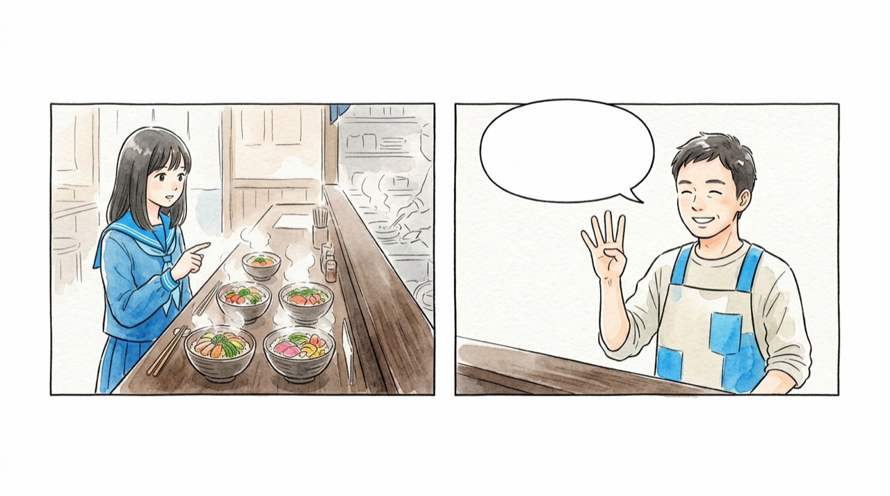 カウンターで同じ丼を4つ注文する高校生と、指を4本立てて一言で伝える店員の2コマ
