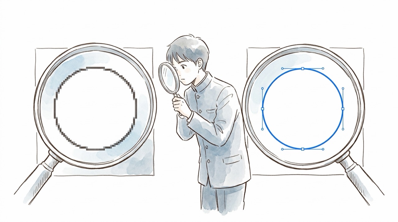 同じ円の絵を虫めがねで拡大していて、左はマス目のぎざぎざが見え、右はなめらかな線のまま