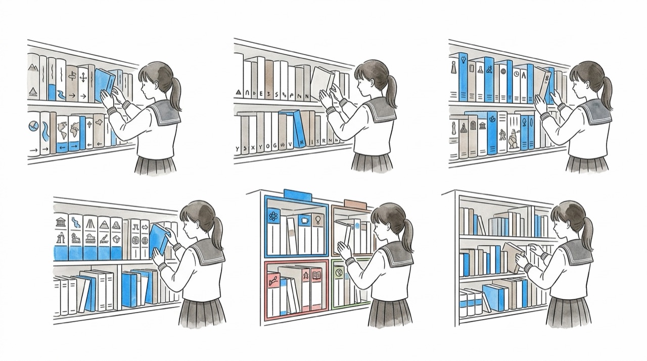 図書館の棚の前で、高校生が本を5つの違う並べ方で整理している。地図順、名前順、時間順、分類、大きさ順