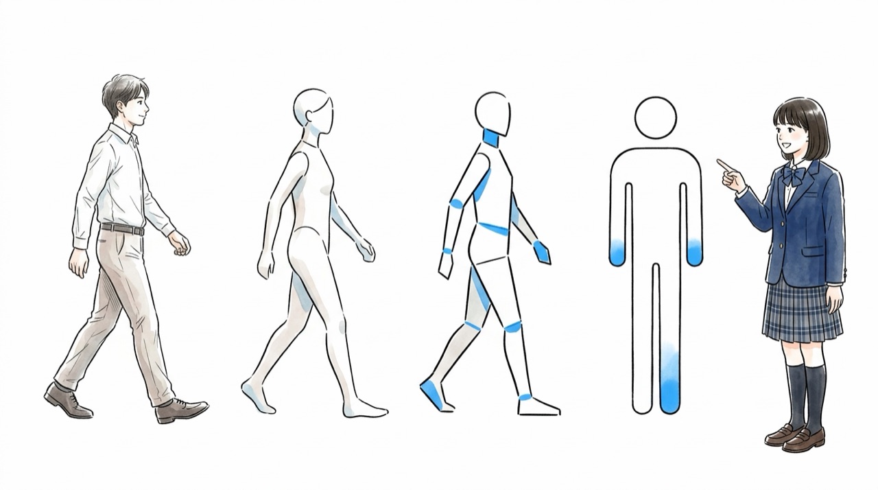 細かく描かれた人物の絵が、段階を経て単純な人型のマークになっていく4コマ。最後の1つを高校生が指している