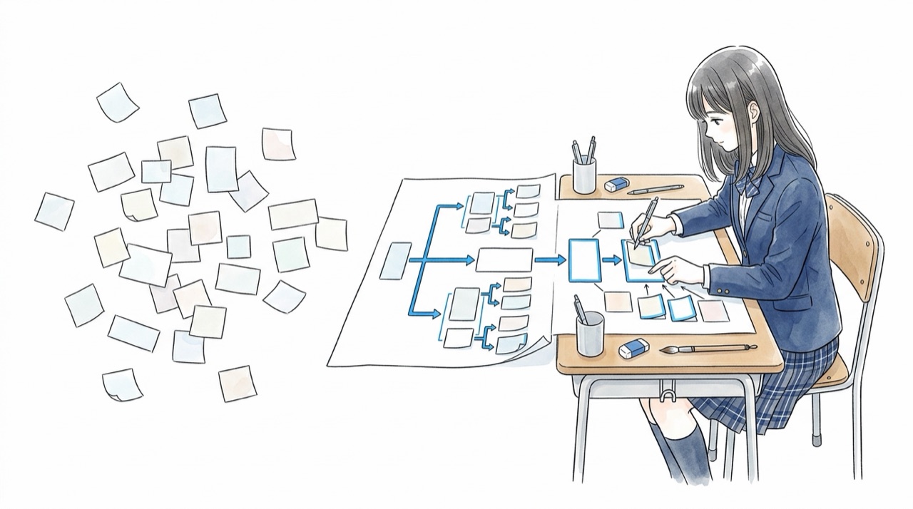 バラバラに散らばった付箋のメモを、高校生が表と矢印つきの図に並べ直している