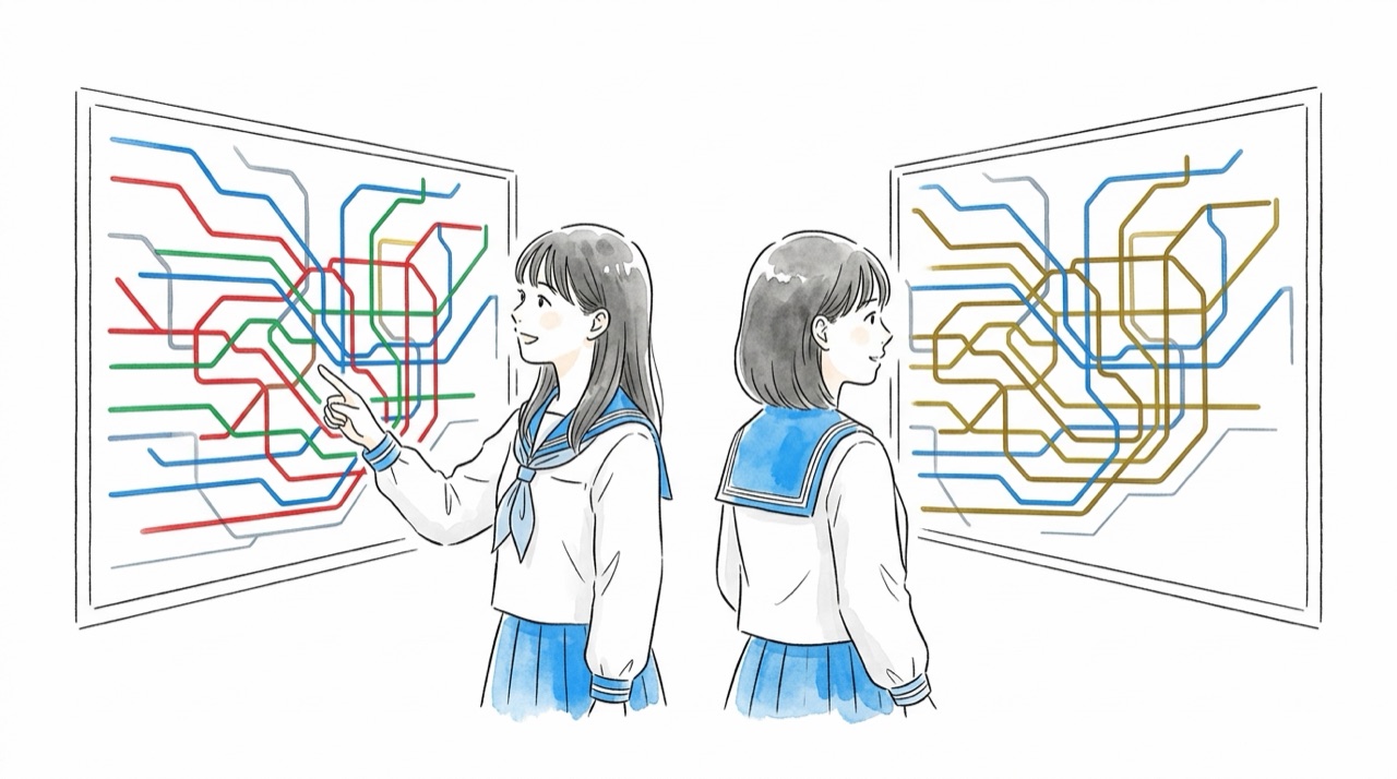 同じ路線図を2人の高校生が見ていて、一人には赤と緑の線がはっきり分かれて見え、もう一人には同じ色に見えている