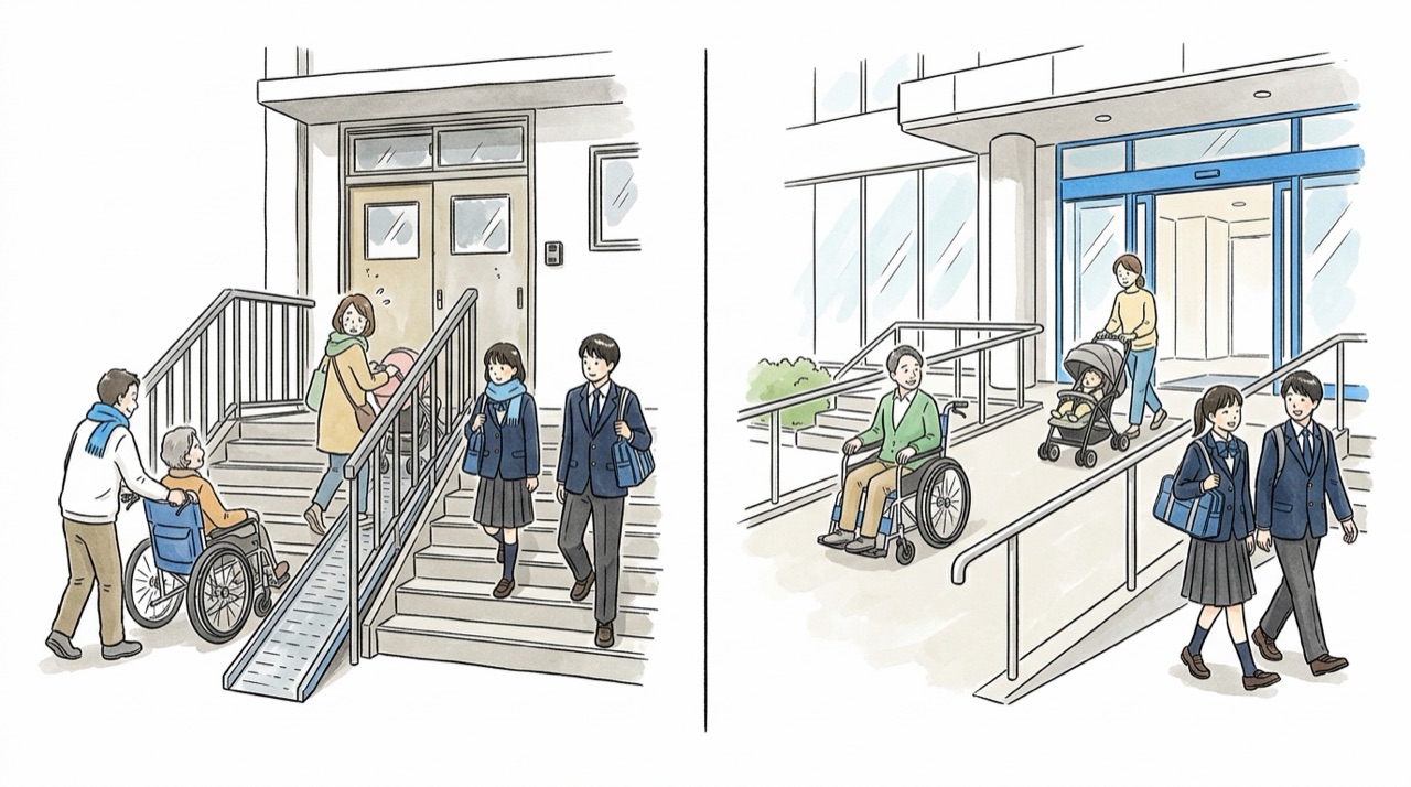 建物の入口。左は階段の横に後から付けたスロープ、右は最初から段差のないなだらかな入口。車いすの人とベビーカーの人と高校生が通っている