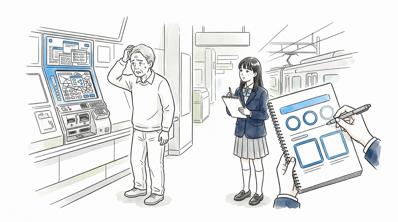 券売機の前で操作に迷う人と、その画面を横から見て「ここを大きくすれば」と紙に書き直している高校生