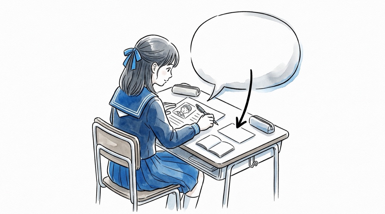 ペルソナのシートから吹き出しで困りごとが出ていて、高校生がそれを矢印で一枚のカードに書き換えている