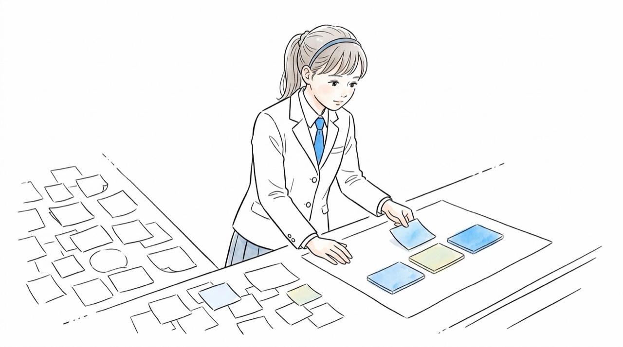 たくさんの付箋の中から高校生が5枚だけを選び出して、一枚の紙の上に並べている