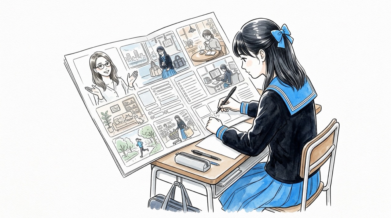 机の上の一枚のシートに、高校生が架空の一人の人物の似顔絵とその人の暮らしの絵を描き込んでいる