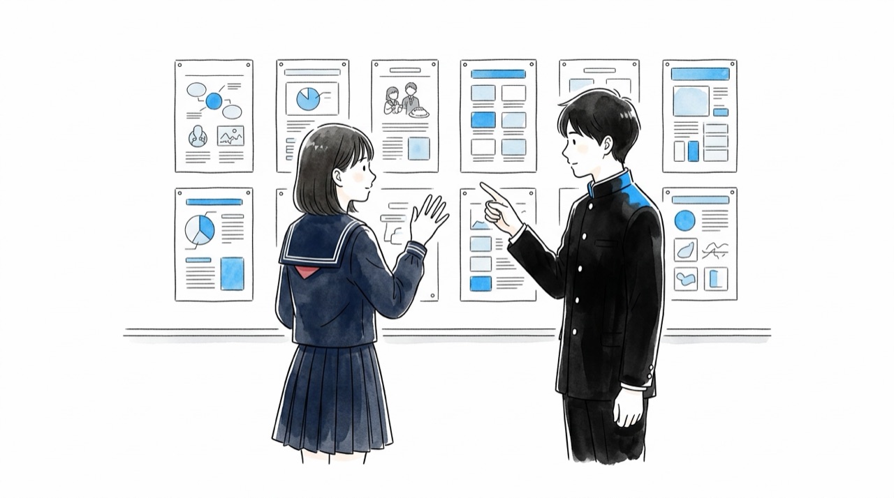 壁に並んだ1枚ものの前で、高校生たちが受け手の立場になったつもりで指をさしながら見比べている